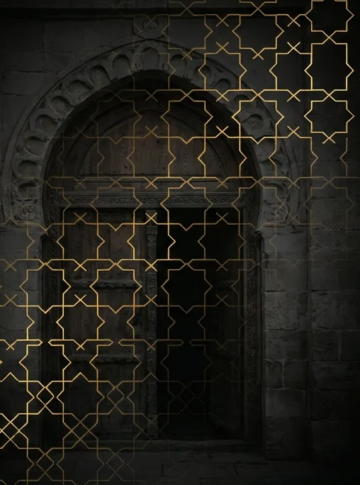 Carved arched doorway with gold geometric pattern